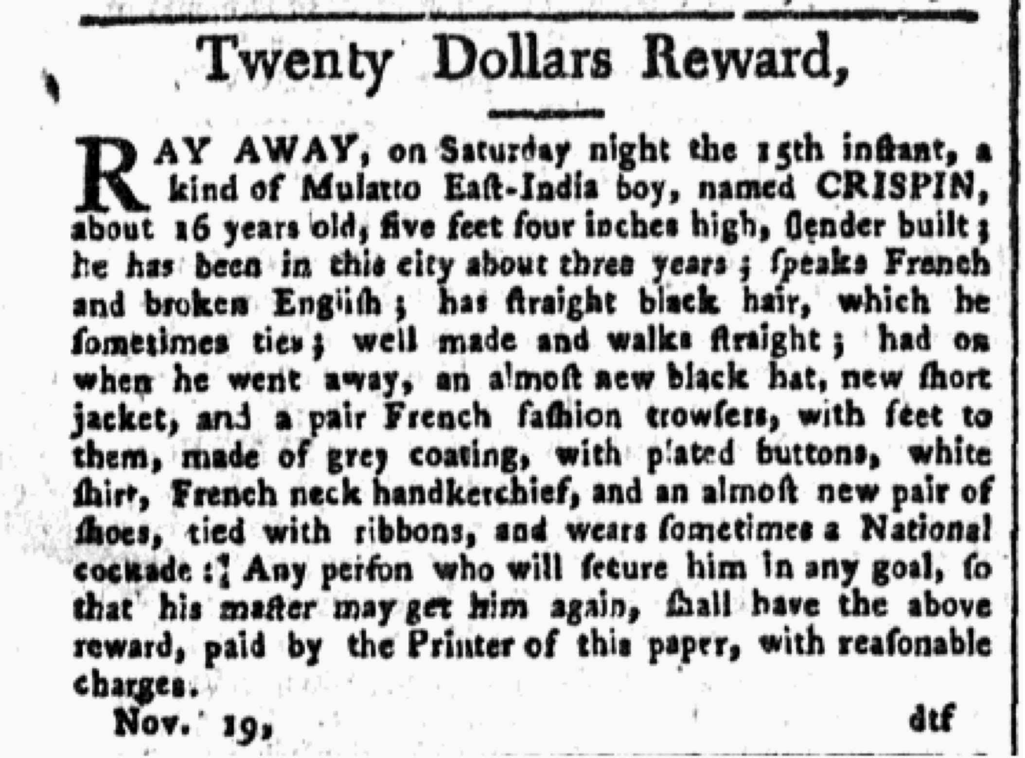 image of runaway ad for Crispin (November 1794)