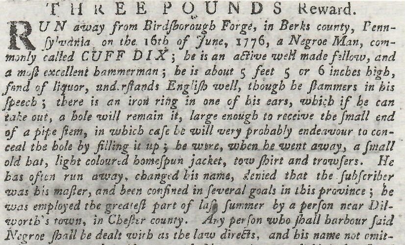 image of runaway ad for Cuff Dix (July 1776)