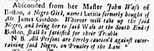 image of runaway ad for Letitia (April 1739)