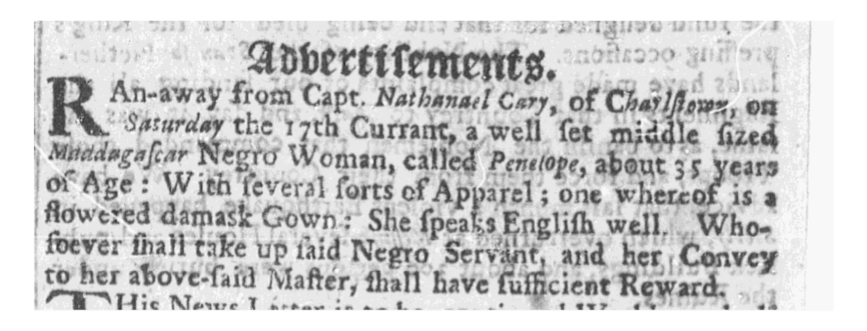 image of runaway ad for Penelope (June 1704)