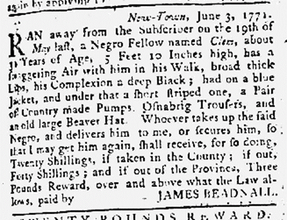 image of runaway ad for Clem (June 1771)