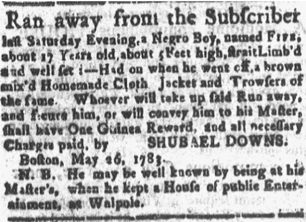 image of runaway ad for Five (May 1783)