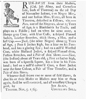 image of runaway ad for Pero, Jack, & Isaac (November 1765)