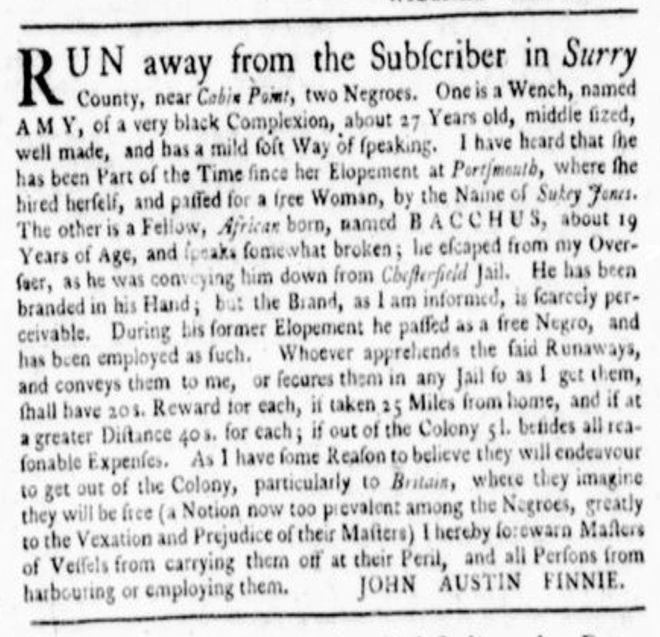 image of runaway ad for Bacchus and Sukey Jones (October 1773)