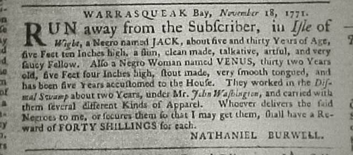 image of runaway ad for Jack and Venus (November 1771)