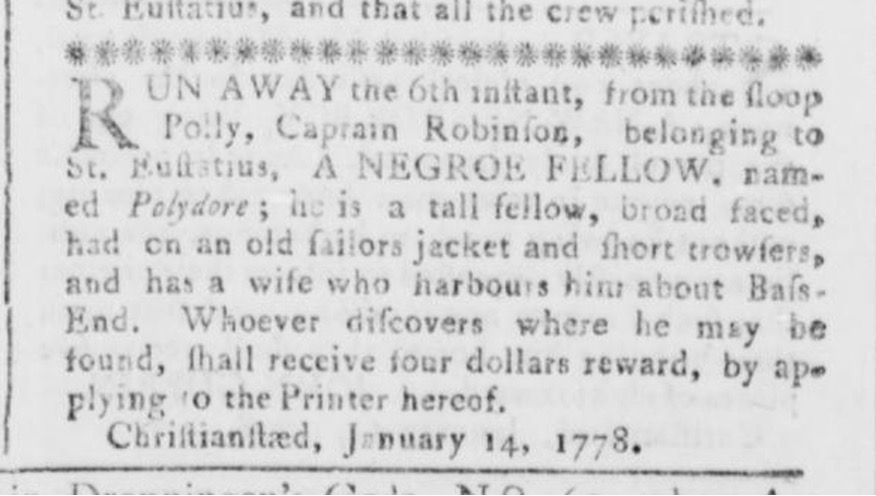 image of runaway ad for Polydore (January 1778)