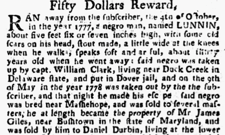 image of runaway ad for Daniel Anderson (August 1783)