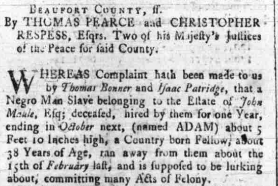 image of runaway ad for Adam (March 1775)
