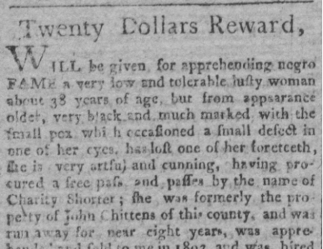 image of runaway ad for Fame (January 1806)