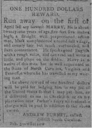 image of runaway ad for Harry (February 1804)