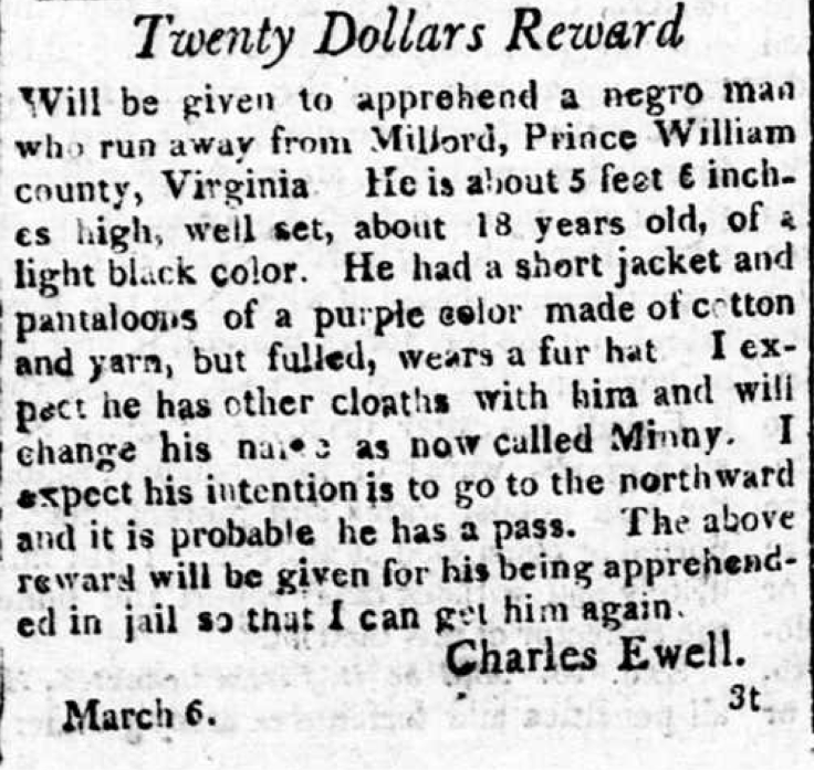 image of runaway ad for Minny (March 1811)