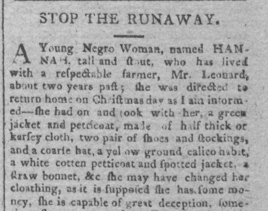image of runaway ad for Hannah (February 1805)