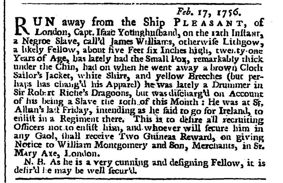 image of runaway ad for James Williams (February 1756)