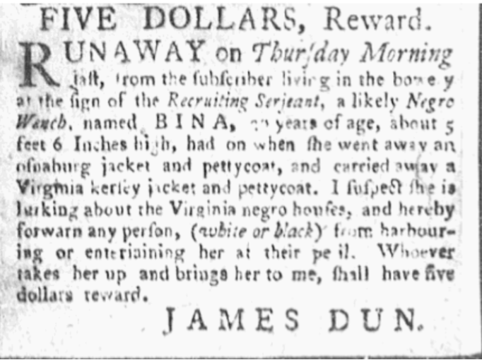 image of runaway ad for Bina (July 1779)