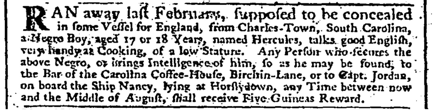 image of runaway ad for Hercules (July 1766)