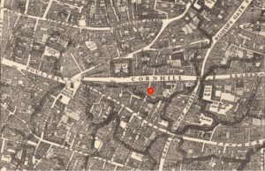 a map of 18th century London showing the CArolina Coffee house