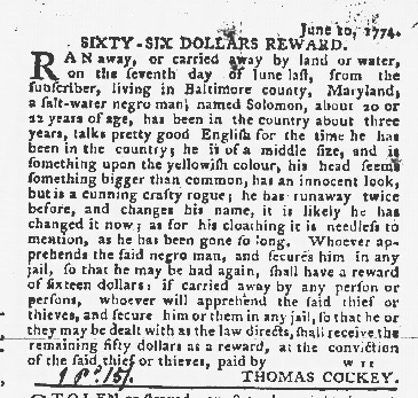 image of runaway ad for Solomon (June 1774)
