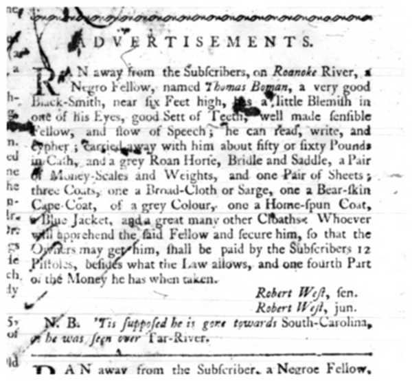 image of runaway ad for Thomas Boman (March 1752)