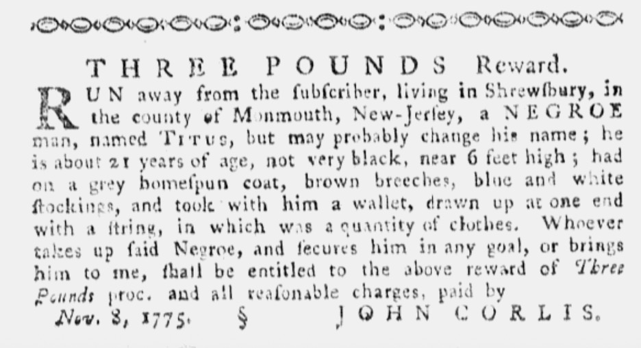 image of runaway ad for Titus (November 1775)
