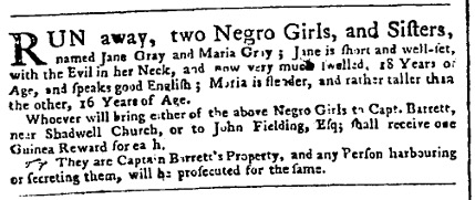 image of runaway ad for Jane and Maria Gray (November 1758)