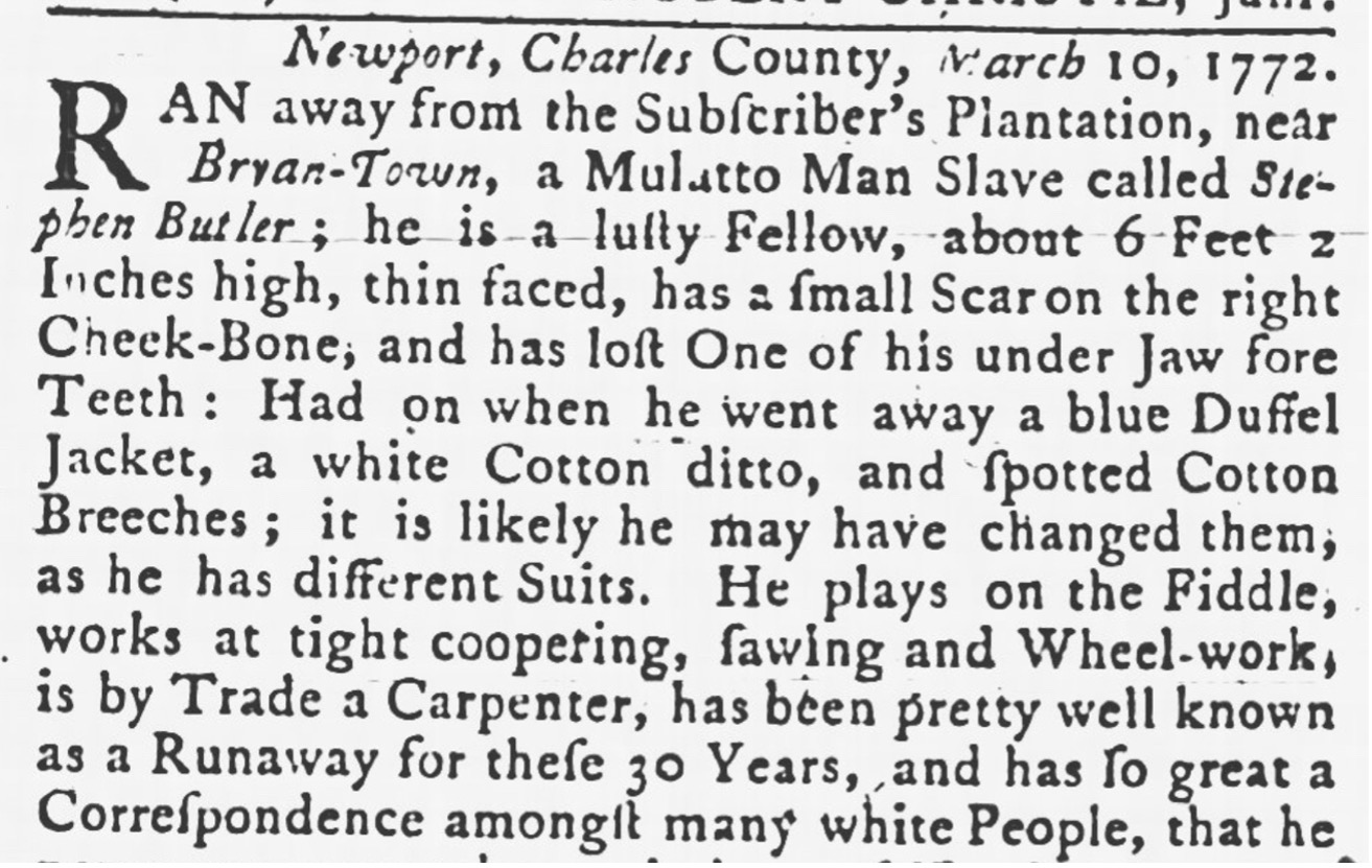 image of runaway ad for Stephen Butler (May 1772)