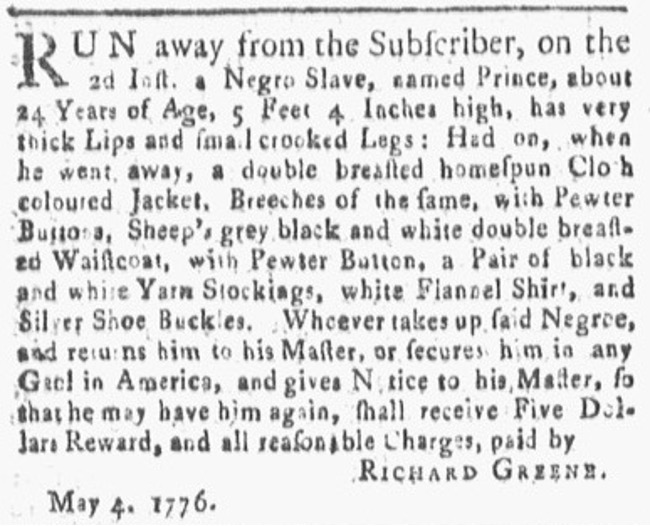 image of runaway ad for Prince Greene (May 1776)