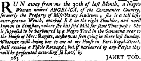image of runaway ad for Angelica (October 1761)