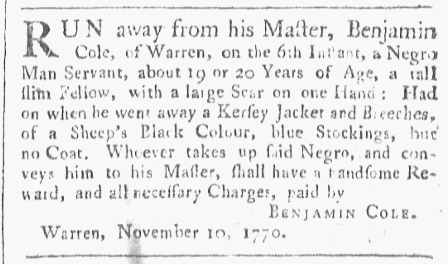image of runaway ad for Caesar Cole (November 1770)