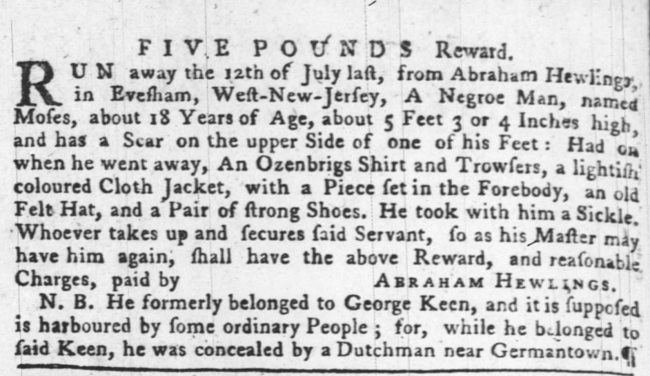 image of runaway ad for Moses (September 1763)