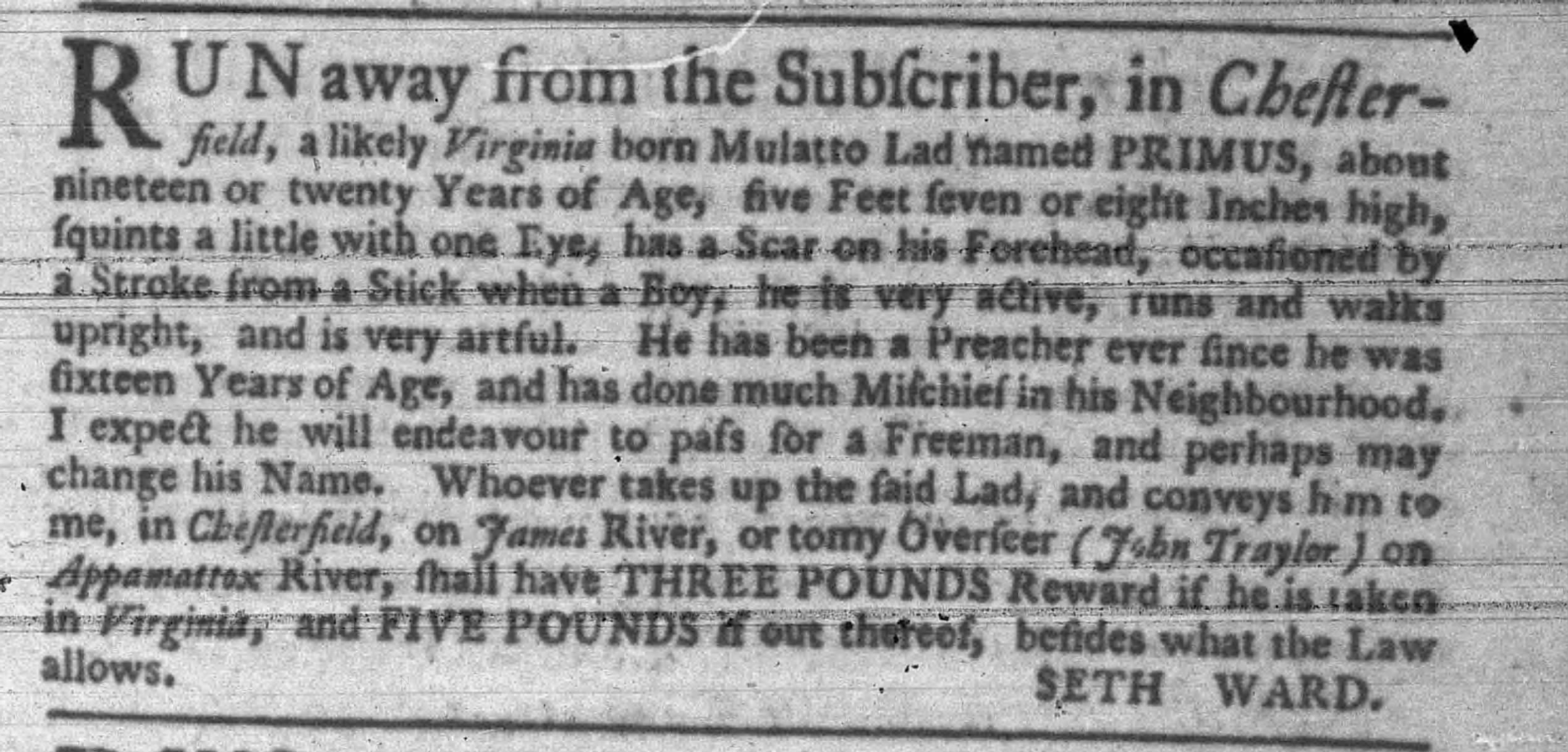 image of runaway ad for Primus (February 1772)