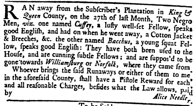 image of runaway ad for Cuffey and Bacchus (May 1745)