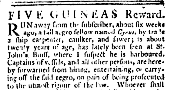 image of runaway ad for Cyrus (May 1783)