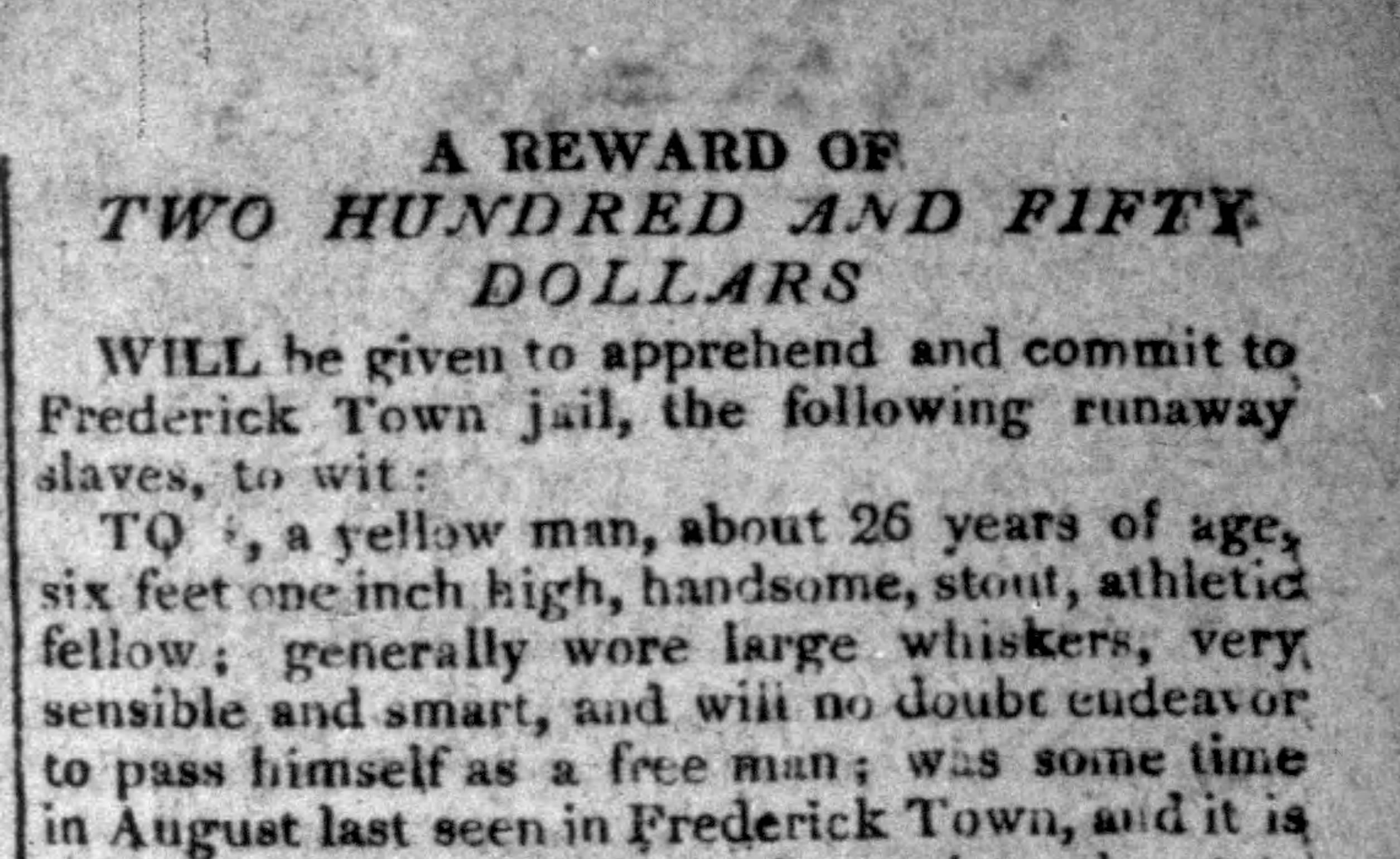 image of runaway ad for Tom and Frisby (October 1813)
