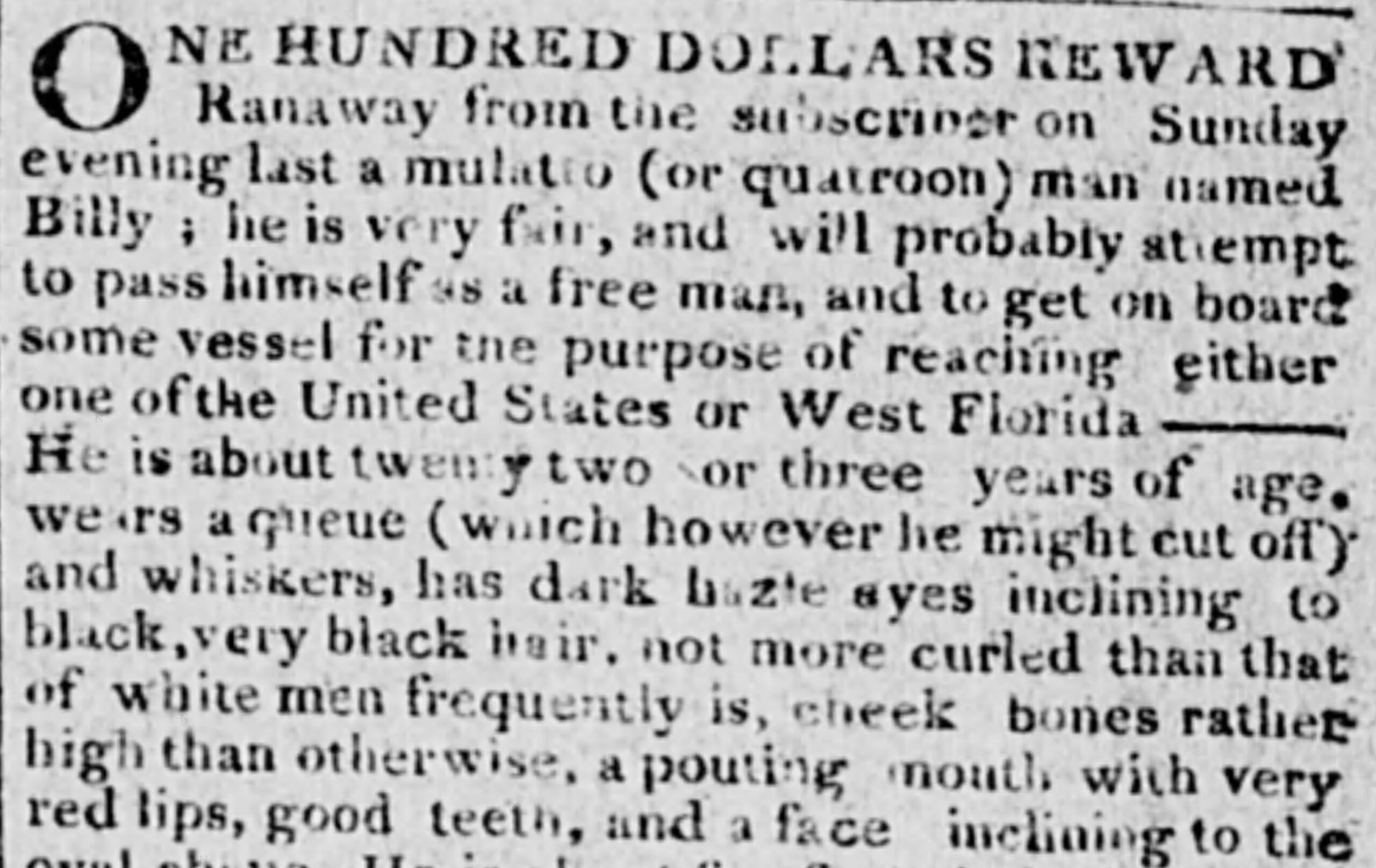 image of runaway ad for Billy (November 1810)