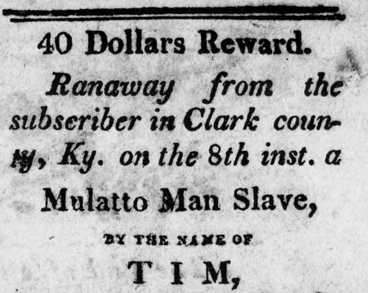 image of runaway ad for Tim (February 1814)
